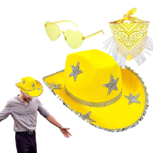 Strass Cowgirl Hut, 3X Klassischer Glitzer Cowboyhut mit Sonnenbrille, Halloween Party Kostüm, Sparkly Funny Cosplay Zubehör Set für Rollenspiele Partys Strass Cowgirl Hut, 3X Klassischer Glitzer Cowboyhut mit Sonnenbrille, Halloween Party Kostüm, Sparkly Funny Cosplay Zubehör Set für Rollenspiele Partys von Rproonay