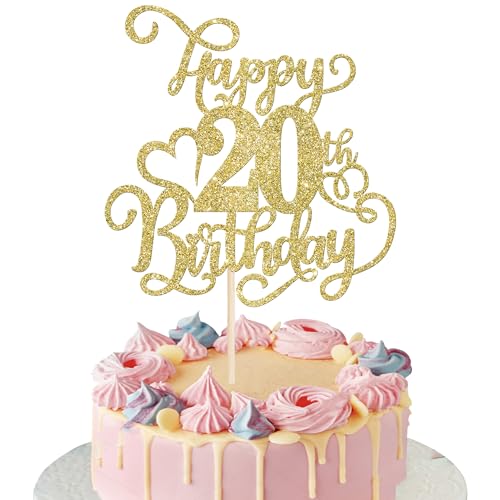 Rsstarxi 1 Packung Gold Glitzer Happy 20th Birthday Cake Topper Cheers to 20 Years Old 20 Fabulous Cake Pick 20th Birthday Cake Decoration for Happy 20th Birthday Anniversary Party Decorations von Rsstarxi