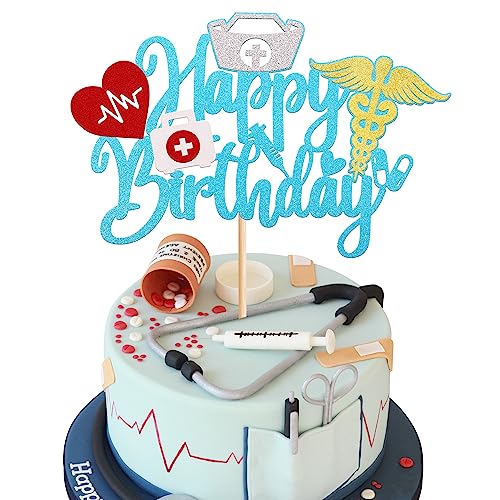 Rsstarxi 1 Packung Krankenschwester Happy Birthday Cake Topper Glitzer Krankenpflege Geburtstag Kuchen Pick Krankenschwester Geburtstag Party Kuchen Dekorationen für medizinische Rn Thema Krankenschwester Geburtstag Party Dekor Blau von Rsstarxi