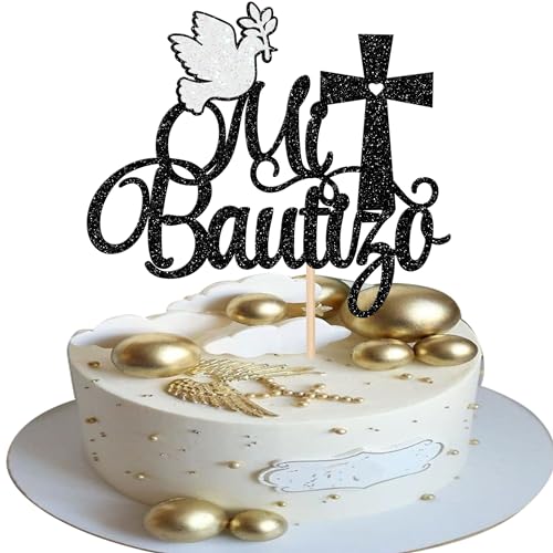 Rsstarxi 1 Packung Spanischer Mi Bautizo Tortenaufsatz Glitzer Kreuz Religiöser Gott Segen Erste Heilige Kommunion Kuchen Pick Taufe Kuchen Dekoration für Babyparty Geburtstag Party Dekoration Schwarz von Rsstarxi