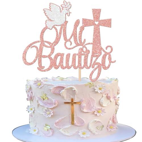 Rsstarxi 1 Packung Spanischer Mi Bautizo Tortenaufsatz Kreuz Erste Heilige Kommunion Kuchendekoration Taufe Kuchen Pick für religiösen Gott Segen Babyparty Geburtstag Party Dekoration Roségold von Rsstarxi
