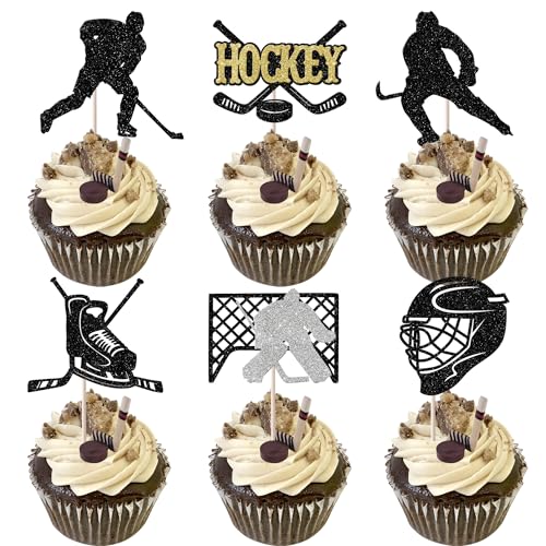 Rsstarxi 24 Stück Hockey-Cupcake-Topper, schwarz, Glitzer, Hockeyspieler, Cupcake-Picks, Eishockey-Thema, Geburtstagstortendekorationen für Babyparty, Jungen, Mädchen, Geburtstagsparty-Dekorationen von Rsstarxi