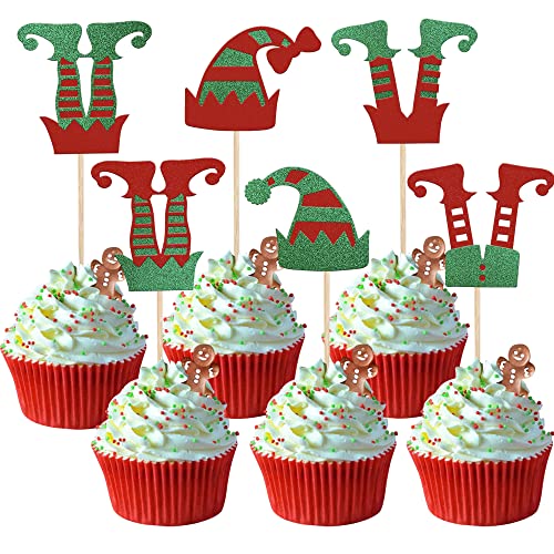 Rsstarxi 24 Stück glitzernde Weihnachtselfen-Cupcake-Aufsätze, Weihnachtsmannmütze, Elfenbeine, Cupcake-Plektren für Frohe Weihnachten, Neujahr, von Rsstarxi