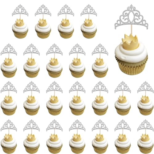 Rsstarxi 24 Stück silberne Kronen-Cupcake-Topper, Glitzer, magische Akademie, Hexen-Thema, Cupcake-Picks für magische Hexen-Themen, Babyparty, Geburtstagsparty, Kuchendekorationen von Rsstarxi