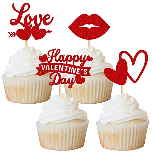 Rsstarxi 24 rote Cupcake-Aufsätze "Happy Valentine's Day" mit Doppelherz, Lippen, Valentinstag, für Geburtstagsparty von Rsstarxi