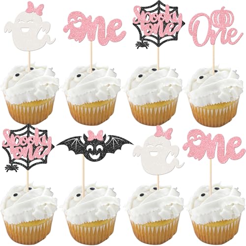 Rsstarxi 30 Stück Halloween-Cupcake-Topper Gruseliges One Girl First Birthday Cupcake Dekorationen Geist Fledermaus Spinne Kürbis Cupcake Picks für Halloween Babyparty 1. Geburtstag Party Kuchen von Rsstarxi