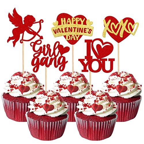 Rsstarxi 30 x Cupcake-Topper "Happy Valentine's Day" mit Aufschrift "I Love You", glitzernd, für Valentinstag, Hochzeit, Verlobung, Party, Rot von Rsstarxi