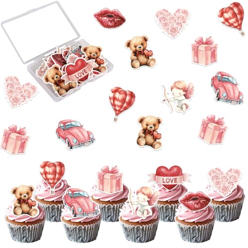 Rsstarxi 56 Stück essbare Reispapier Cupcake Dekorationen "Happy Valentine's Day", "Love", "Love", "Lips", "Flower Bear Cupid" - Kuchendekoration für Hochzeit von Rsstarxi