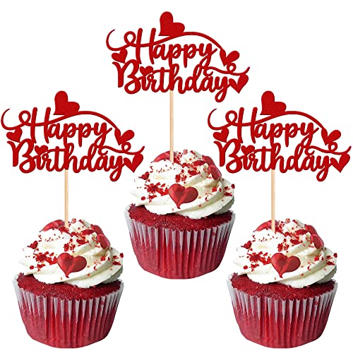Rsstarxi Cupcake-Aufsätze, Happy Birthday, Herzen, Glitzer, Valentinstag, Geburtstag, Hochzeit, Jubiläum, Party, Kuchendekorationszubehör, Rot, 24 Stück von Rsstarxi