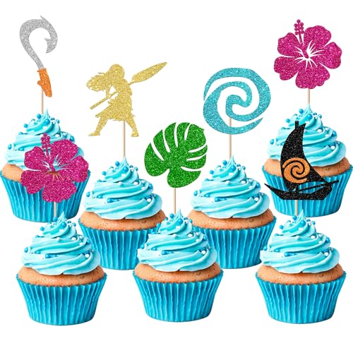 Rsstarxi Cupcake-Aufsätze, Motiv: Vaiana-inspirierte Cupcake-Aufsätze, glitzernd, Palmblatt-Blume, Cupcake-Picks, tropische Hawaii-Luau-Thema, Cupcake-Dekorationen für Babyparty, Geburtstag, Party von Rsstarxi