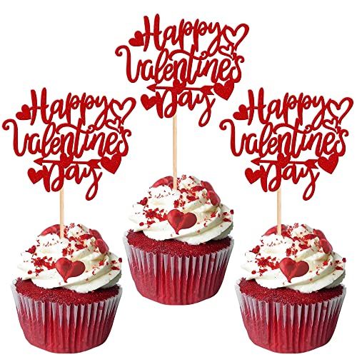 Rsstarxi Cupcake-Aufsätze "Happy Valentine's Day", glitzernd, süßes Herz, Amorpfeil, Cupcake-Picks für Valentinstag, Thema, Hochzeit, Party, Kuchendekorationen, Zubehör, Rot, 24 Stück von Rsstarxi