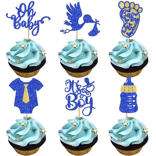 Rsstarxi Cupcake-Aufsätze für Jungen, Motiv: Oh Baby, Blau, Glitzer, Overall, Babyflasche, Cupcake-Picks, Dekorationen für Babyparty, It's a Boy, Party-Kuchendekorationen, Zubehör, 24 Stück Rsstarxi Cupcake-Aufsätze für Jungen, Motiv: Oh Baby, Blau, Glitzer, Overall, Babyflasche, Cupcake-Picks, Dekorationen für Babyparty, It's a Boy, Party-Kuchendekorationen, Zubehör, 24 Stück von Rsstarxi