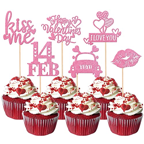 Rsstarxi Cupcake-Aufsätze mit Aufschrift "Happy Valentine's Day", glitzernd, 14. Feb, Kiss Me Love, Herz-Cupcake-Picks, Lippen, I Love You, Kuchendekorationen für Valentinstag, Hochzeit, Party von Rsstarxi
