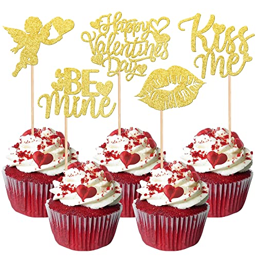 Rsstarxi Cupcake-Aufsätze mit Aufschrift "Happy Valentine's Day", glitzernd, Cupid, Kiss Me Love, Herz, Lippe, Cupcake-Picks, Be Mine, Kuchendekorationen für Valentinstag, Thema, Brautparty von Rsstarxi