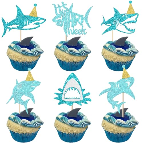 Rsstarxi Cupcake-Aufsätze mit Hai-Motiv, "It's Shark Week", Cupcake-Picks unter dem Meer, Kuchendekorationen für Ozean-Thema, Geburtstag, Babyparty, Party-Dekorationen, Blau, 24 Stück von Rsstarxi
