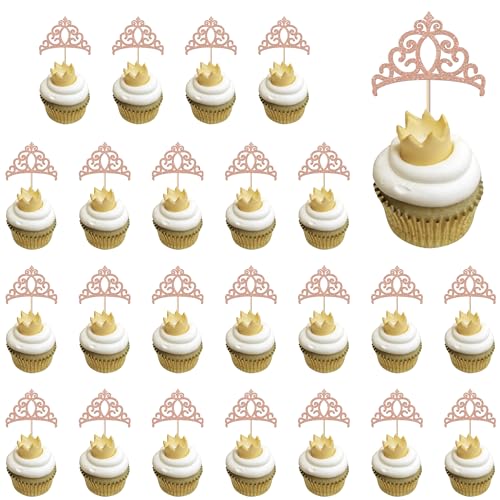 Rsstarxi Cupcake-Aufsätze mit Kronen-Motiv, Glitzer, magische Akademie, Hexen-Thema, Cupcake-Picks für magische Hexe, Babyparty, Geburtstagsparty, Kuchendekorationen, Zubehör, Roségold, 24 Stück von Rsstarxi