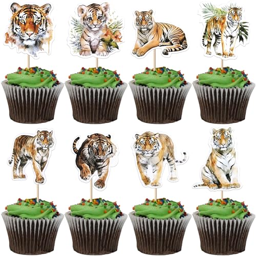 Rsstarxi Cupcake-Aufsätze mit Tiger-Motiv, Tiger, Dschungel, Safari, Tier, Cupcake-Picks für Babyparty, Jungen, Mädchen, Geburtstag, Tiger-Themenparty, Kuchendekorationen, Zubehör, 40 Stück von Rsstarxi