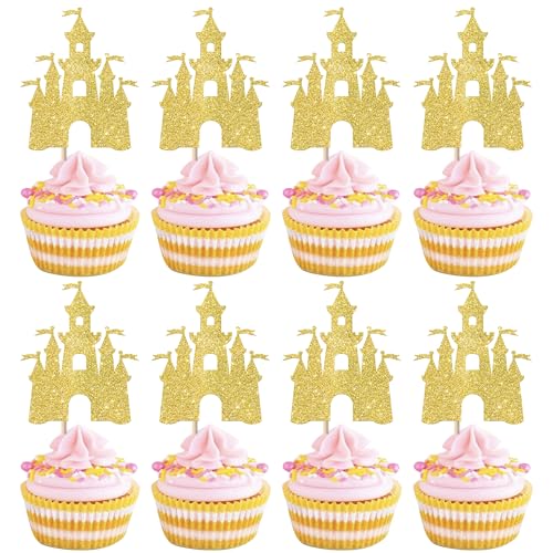 Rsstarxi Cupcake-Aufsätze mit goldenem Schloss, glitzerndes Schloss, Geburtstagsparty, Cupcake-Picks für Prinzessin, Geburtstag, Babyparty, Party, Kuchendekorationen, Zubehör, 24 Stück von Rsstarxi