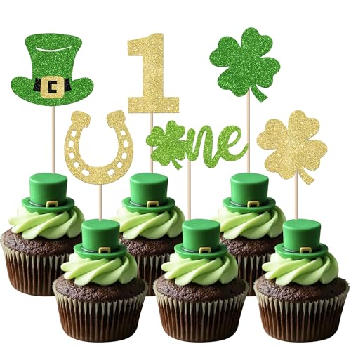 Rsstarxi Cupcake-Topper "Happy St. Patrick's Day", vierblättriges Glückskleeblatt, Cupcake-Dekorationen für St. Patrick's Day, Babyparty, 1. Geburtstag, Party, Kuchendekoration, 24 Stück von Rsstarxi