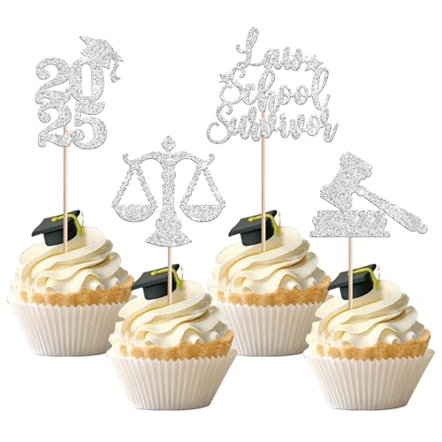 Rsstarxi Cupcake-Topper für Anwälte, Schulabschluss, 2025, Glitzer, für Juristen, Schulabschluss, Cupcake-Picks, Klasse 2025, für Anwälte, Partyzubehör, Silber, 36 Stück von Rsstarxi