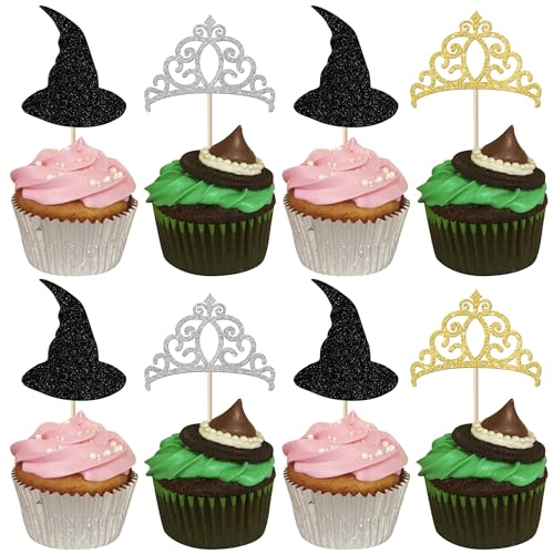 Rsstarxi Cupcake-Topper mit magischem Hexen-Motiv, schwarzer Glitzer, Hexenhut, Cupcake-Picks, Kronengitter, Kuchendekorationen für Hexen-Zauberer, Babyparty, Geburtstagsparty, Kuchendekorationen, 24 von Rsstarxi