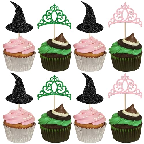 Rsstarxi Cupcake-Topper mit magischem Hexen-Motiv, schwarzer Glitzer, Hexenhut, Cupcake-Picks, rosa und grüne Krone, Kuchendekorationen für Hexen-Zauberer-Thema, Babyparty, Geburtstagsparty von Rsstarxi