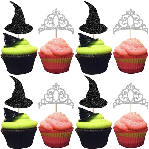Rsstarxi Cupcake-Topper mit magischem Hexen-Motiv, schwarzer Glitzer, Hexenhut, Cupcake-Picks, silberne Krone, Kuchendekorationen für Hexen-Zauberer-Thema, Babyparty, Geburtstagsparty von Rsstarxi