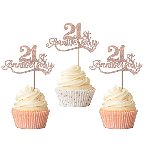 Rsstarxi Cupcake-Topper zum 21. Jahrestag, glitzernd, Cupcake-Picker zum 21. Geburtstag, Kuchendekorationen für den 21. Jahrestag, Geburtstag, Partyzubehör, Roségold, 24 Stück von Rsstarxi