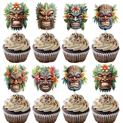 Rsstarxi Hawaii-Tiki-Cupcake-Topper, Tiki-Stammesmasken, Cupcake-Picks, hawaiianische tropische Tiki-Totem-Party-Kuchendekorationen für Sommer, Aloha, tropische Geburtstagsparty-Zubehör, 36 Stück von Rsstarxi