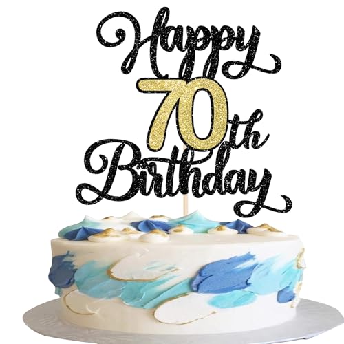 Rsstarxi Tortenaufsatz "Happy 70th Birthday", Schwarz / Gold, Glitzer, Aufschrift "Cheers to 70 Years", Kuchendekoration mit Aufschrift "Hello 70" für fabelhafte 70. Geburtstag von Rsstarxi