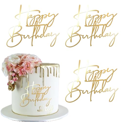 Rsstarxi Tortenaufsatz "Happy Birthday", personalisierbar, Acryl, Happy Birthday-Schild, Kuchenpicker für Männer, Frauen, Jungen, Mädchen, Geburtstagsparty, Kuchendekorationen, Zubehör, Gold, 3 Stück von Rsstarxi