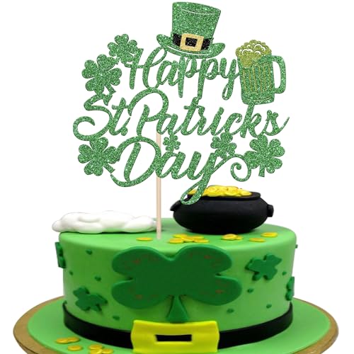 Rsstarxi Tortenaufsatz "Happy St. Patrick's Day", glitzernd, grün, vierblättrig, Happy Birthday, Kuchendekoration für Happy St. Patrick's Day, Party-Kuchendekorationen, 1 Stück von Rsstarxi