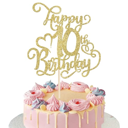 Rsstarxi Tortenaufsatz zum 10. Geburtstag, goldfarben, glitzernd, Aufschrift "Cheers to 10 Years Old 10 Fabulous Cake Pick 10th Birthday", 1 Stück von Rsstarxi