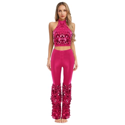 Rswnyirn 70er Jahre Outfit Damen Disco Hippe Kostüm Pailletten Neckholder Oberteil mit Bell Bottom Hose Schlaghose Karneval Fasching Kostüm Hot Pink XL Rswnyirn 70er Jahre Outfit Damen Disco Hippe Kostüm Pailletten Neckholder Oberteil mit Bell Bottom Hose Schlaghose Karneval Fasching Kostüm Hot Pink XL von Rswnyirn