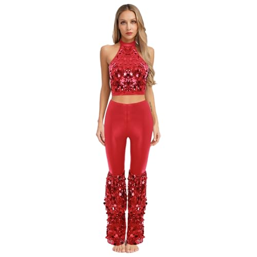 Rswnyirn 70er Jahre Outfit Damen Disco Hippe Kostüm Pailletten Neckholder Oberteil mit Bell Bottom Hose Schlaghose Karneval Fasching Kostüm Rot XL Rswnyirn 70er Jahre Outfit Damen Disco Hippe Kostüm Pailletten Neckholder Oberteil mit Bell Bottom Hose Schlaghose Karneval Fasching Kostüm Rot XL von Rswnyirn