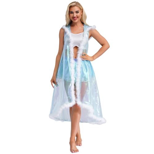 Rswnyirn Damen Cape Lang Umhang Mantel mit Kapuze Kunstpelz Saum Glänzend Durchsichtig Kapuzenumhang Fasching Karneval Kostüm Blau M Rswnyirn Damen Cape Lang Umhang Mantel mit Kapuze Kunstpelz Saum Glänzend Durchsichtig Kapuzenumhang Fasching Karneval Kostüm Blau M von Rswnyirn