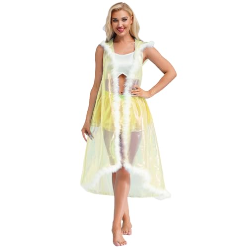 Rswnyirn Damen Cape Lang Umhang Mantel mit Kapuze Kunstpelz Saum Glänzend Durchsichtig Kapuzenumhang Fasching Karneval Kostüm Gelb 3XL Rswnyirn Damen Cape Lang Umhang Mantel mit Kapuze Kunstpelz Saum Glänzend Durchsichtig Kapuzenumhang Fasching Karneval Kostüm Gelb 3XL von Rswnyirn