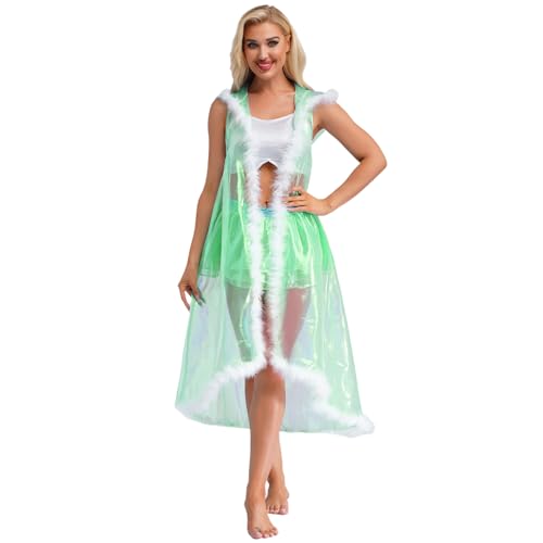 Rswnyirn Damen Cape Lang Umhang Mantel mit Kapuze Kunstpelz Saum Glänzend Durchsichtig Kapuzenumhang Fasching Karneval Kostüm Grün L Rswnyirn Damen Cape Lang Umhang Mantel mit Kapuze Kunstpelz Saum Glänzend Durchsichtig Kapuzenumhang Fasching Karneval Kostüm Grün L von Rswnyirn