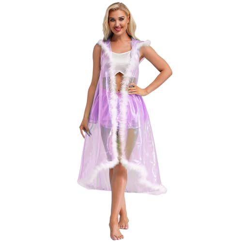 Rswnyirn Damen Cape Lang Umhang Mantel mit Kapuze Kunstpelz Saum Glänzend Durchsichtig Kapuzenumhang Fasching Karneval Kostüm Violett XXL Rswnyirn Damen Cape Lang Umhang Mantel mit Kapuze Kunstpelz Saum Glänzend Durchsichtig Kapuzenumhang Fasching Karneval Kostüm Violett XXL von Rswnyirn