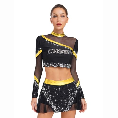 Rswnyirn Damen Cheerleading Tanz Outfit High-School Uniform Crop Top Tanzrock Kurz Performance Bühne Kostüm Gold XXL von Rswnyirn