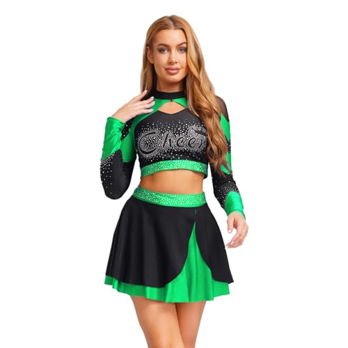 Rswnyirn Damen Cheerleading Uniform Outfit Tanzkleidung Set Cheer Leader Kostüm Langarm Tops mit Minirock High School Musical Kostüm Grün L Rswnyirn Damen Cheerleading Uniform Outfit Tanzkleidung Set Cheer Leader Kostüm Langarm Tops mit Minirock High School Musical Kostüm Grün L von Rswnyirn