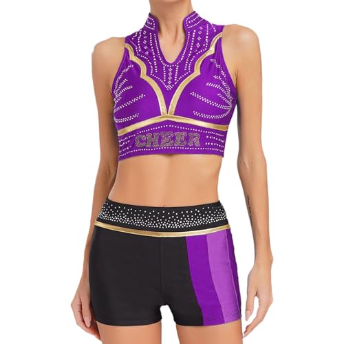 Rswnyirn Damen Cheerleading Uniform Tanz Outfit Set Tank Top Bauchfrei Tanzshorts Kurze Hose mit Glitzer Sport Basketball Tanz Kostüm Violett XXL Rswnyirn Damen Cheerleading Uniform Tanz Outfit Set Tank Top Bauchfrei Tanzshorts Kurze Hose mit Glitzer Sport Basketball Tanz Kostüm Violett XXL von Rswnyirn