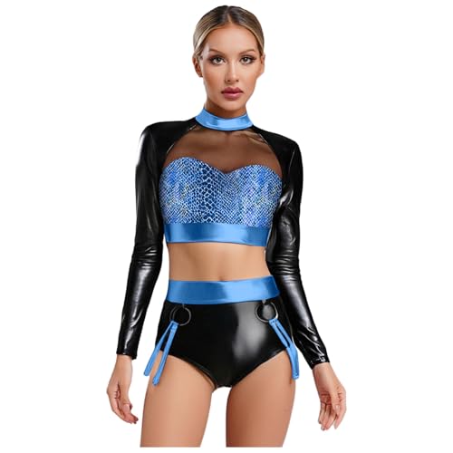 Rswnyirn Damen Crop Top Bauchfrei Kurz Shirt Eng mit Shorts Hotpants Glänzend Metallic Disco Tanz Kostüm für Party Rave Fasching Blau XL Rswnyirn Damen Crop Top Bauchfrei Kurz Shirt Eng mit Shorts Hotpants Glänzend Metallic Disco Tanz Kostüm für Party Rave Fasching Blau XL von Rswnyirn