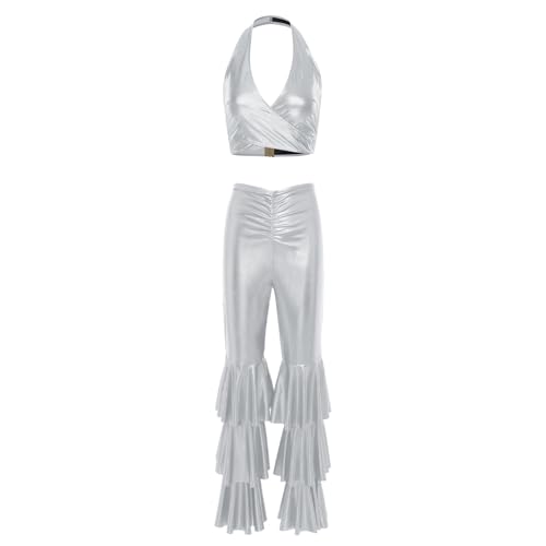Rswnyirn Damen Disco Kostüm Party Hippe Outfit Metallisch Crop Top Neckholder Oberteil Schlaghose mit Rüschen Show Tanz Silvester Silvester Silber L Rswnyirn Damen Disco Kostüm Party Hippe Outfit Metallisch Crop Top Neckholder Oberteil Schlaghose mit Rüschen Show Tanz Silvester Silvester Silber L von Rswnyirn