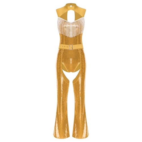 Rswnyirn Damen Glitzernde Disco Kostüm Pailletten Einteiler Body Pailletten Trikot mit Boot Cut Chaps Hose Halloween Mottoparty Kostüm Gold XL von Rswnyirn
