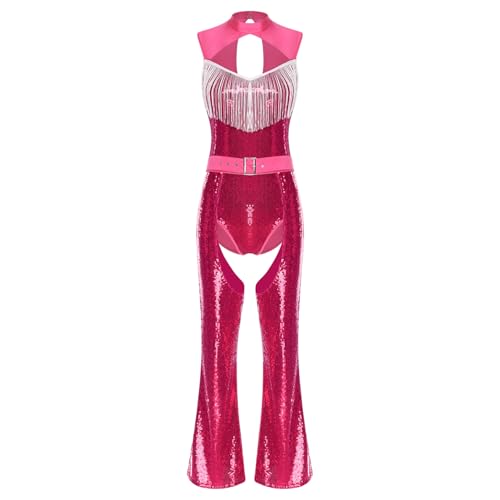 Rswnyirn Damen Glitzernde Disco Kostüm Pailletten Einteiler Body Pailletten Trikot mit Boot Cut Chaps Hose Halloween Mottoparty Kostüm Hot Pink M von Rswnyirn
