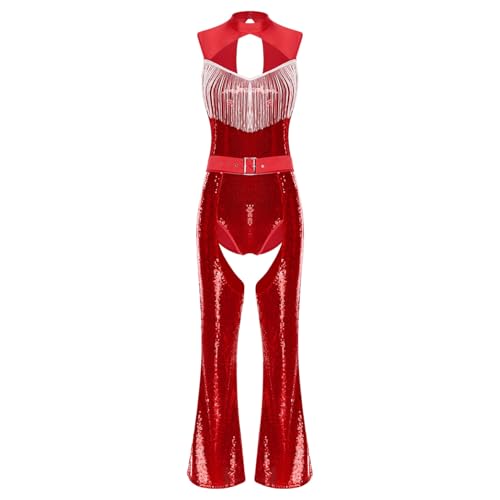 Rswnyirn Damen Glitzernde Disco Kostüm Pailletten Einteiler Body Pailletten Trikot mit Boot Cut Chaps Hose Halloween Mottoparty Kostüm Rot M von Rswnyirn