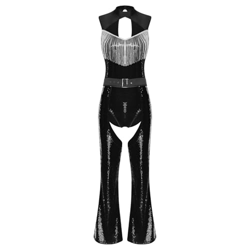 Rswnyirn Damen Glitzernde Disco Kostüm Pailletten Einteiler Body Pailletten Trikot mit Boot Cut Chaps Hose Halloween Mottoparty Kostüm Schwarz S von Rswnyirn