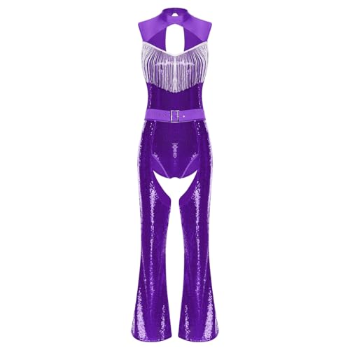 Rswnyirn Damen Glitzernde Disco Kostüm Pailletten Einteiler Body Pailletten Trikot mit Boot Cut Chaps Hose Halloween Mottoparty Kostüm Violett XXL von Rswnyirn