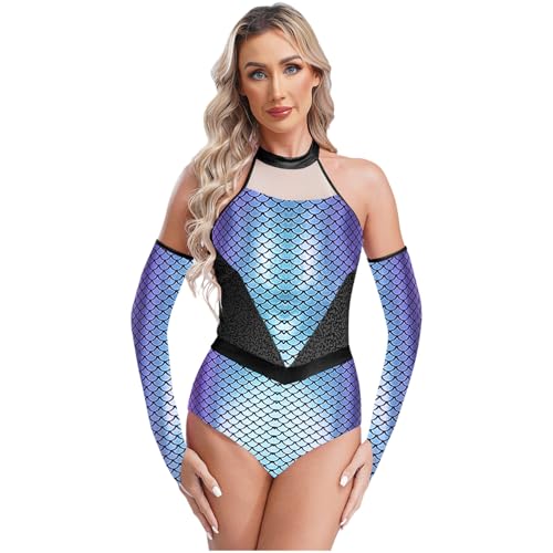 Rswnyirn Damen Meerjungfrau Body Neckholder Bodysuit mit Handschuhe Fischschuppen Druck Glänzend Halloween Karneval Mottoparty Kostüm Violett XL von Rswnyirn